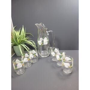 Vintage Federal Glass Pitcher and 6 Juices Glasses Set, Hand Painted